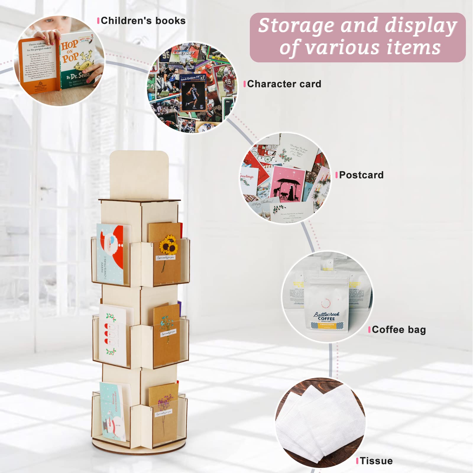 Natheeph Rotating Wooden Display Rack with Two Card Sticker for Greeting Card Vendor Coffee Bag 3 Tier Tabletop Display Stand